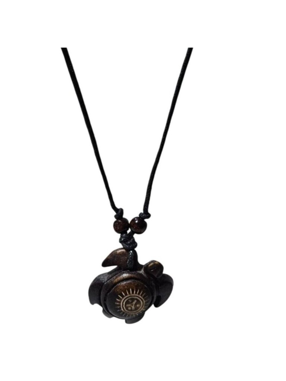 Earthy Hand Carved Wooden Turtle Pendant Necklace Sunburst Boho Beach Cord Women